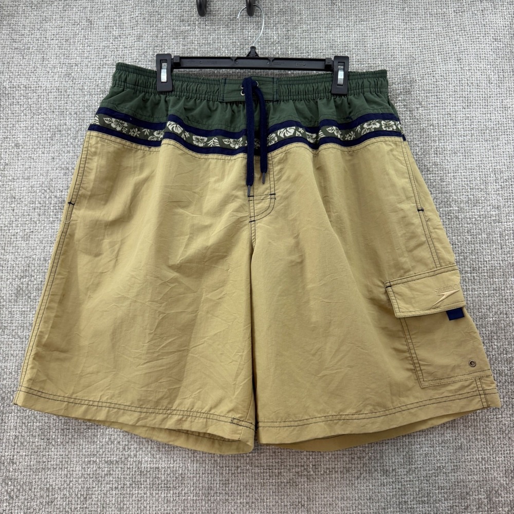 Vintage y2k Speedo Swim Trunks Mens XL Tan  Floral Trim Cargo Board Shorts lined